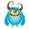 Angry cartoon monster. Halloween vector blue and horned monster. Yeti or bigfoot character.