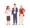 Angry cartoon people standing and look in smartphone vector flat illustration. Displeased cartoon girl businessman and