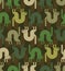 Angry cat military pattern seamless. Attacker pet army background. Hunter and soldier green ornament. Animal Protective vector