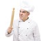 Angry chef with rolling pin isolated on white background