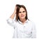 Angry confused woman rips her hair. Problems, headache, stress and depression concept