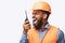 Angry Construction Foreman Worker Shouting In Two-Way Radio, Studio Shot