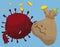 Angry Coronavirus Beating a Money Bag with a Heavy Punch, Vector Illustration
