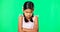 Angry, crossed arms and face of child on green screen with upset, disappointed and anger expression. Emoji, mockup