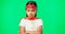 Angry, crossed arms and face of child on green screen with upset, disappointed and anger expression. Portrait, mockup