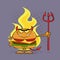 Angry Devil Burger Cartoon Character Holding A Trident Over Flames