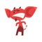 Angry devil standing in threatening pose and showing teeth. Red demon with big ears, horns and tail. Comic fictional