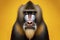 Angry disgruntled mandrill monkey on a solid yellow background. ai generative