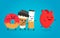 Angry donut, coffee paper cup and cigarette kill healthy heart. Nightmare health heart. Vector flat cartoon character isolated ill