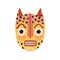 Angry ethnic tribal cat mask showing teeth. Frightening ancient African yellow ritual symbol or souvenir. Flat vector