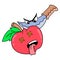 Angry faced knife splitting red apple, doodle icon image kawaii