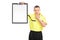 Angry football referee holding a clipboard