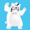 Angry and funny cartoon white polar bear making attacking gesture