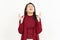 Angry Gesture Of Beautiful Asian Woman Wearing Red Shirt Isolated On White