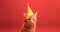 Angry ginger cat is sitting with birthday hat, orangebackgroundg, free copy space. Generative AI