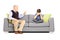 Angry grandfather shouting at his nephew, seated on a sofa