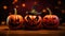 Angry Halloween pumpkins on scary background.