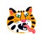 Angry hand drawn orange striped tiger muzzle with open mouth tongue vector flat illustration