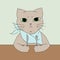 Angry and hungry cat with a fork and a knife. Sitting cat. Hand drawn cat art. Grey cat. Childish cartoon design