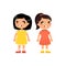 Angry little girls flat vector illustration. Furious asian children quarrel