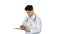 Angry male doctor looking at documents on white background.