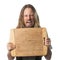 Angry man holding chopping board with copy-space