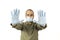 Angry man with mask and gloves facing the covid-19 on white background, vaccine, pandemic, news, fight