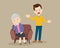 Angry man scolding to elderly woman sitting on sofa