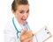 Angry medical doctor woman pointing in camera