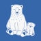Angry mother and sad baby polar bears hand drawn with contour lines on blue background. Pair of cute funny cartoon
