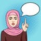 Angry muslim woman in hijab pointing on thinking cloud. Annoyed muslim lady face in pop art retro comics style, vector illustratio