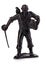 Angry pirate with a saber and coffer parrot on his shoulder close-up isolated on a white background. Miniature figurine of a child
