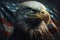 Angry proud eagle on background of American flag, star-striped symbol of USA.