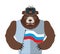 Angry Russian bear holding Russian flag. Beast patriot in fur ha