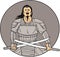 Angry Samurai Warrior Crossing Swords Oval Drawing