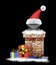 Angry santa cat climbs out of chimney. Isolated on black