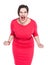 Angry screaming beautiful plus size woman in red dress isolated