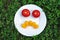 Angry smiley of fresh tomatoes on a plate.