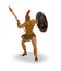 Angry spartan warrior with armor and hoplite shield shouted and