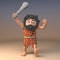 Angry stone age caveman in animal pelt with long beard waves his prehistoric club in the air while ranting, 3d illustration