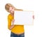 Angry student girl biting blank board
