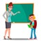 Angry Teacher At The Blackboard, The Child At Desk Looking Into The Book With Headphones Vector. Isolated Illustration