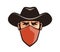 Angry thug in mask. Cowboy, robber, bandit in hat. Cartoon vector illustration