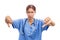 Angry unhappy woman nurse or doctor making thumbs down gesture