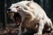 an angry white wolf with its mouth open in the woods