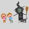 Angry witch scaring kids.3D