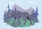 Angry wolf walking on the mountain landscape. Vector horizontal flat illustration on cyan background.