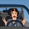 Angry Woman Driver. Aggressive Woman Driving Car. Pop Art