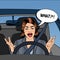 Angry Woman Driver. Aggressive Woman Driving Car. Pop Art