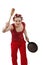 Angry woman in hair rollers, holding a frying pan.